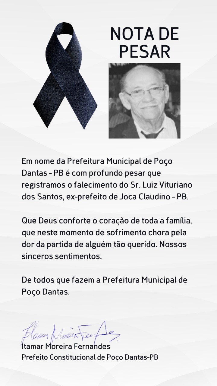 Prefeito Itamar moreira emite nota de pesar pelo falecimento de Luiz Vituriano, ex-prefeito de Joca Claudino-PB